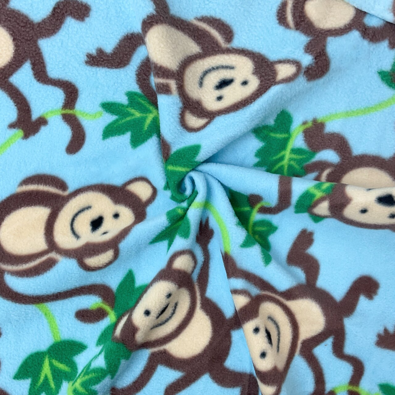 Blue-Brown-Multi Polyester Monkey Printed Polar Fleece Knit Fabric By the Yard
